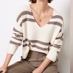 LNA Luca Stripe Sweater Cream in Taupe Cream V-Neck